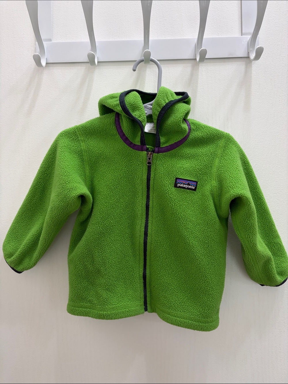 Patagonia Green Kids Fleece Zip Hoodie with Purple Trim 12-18m